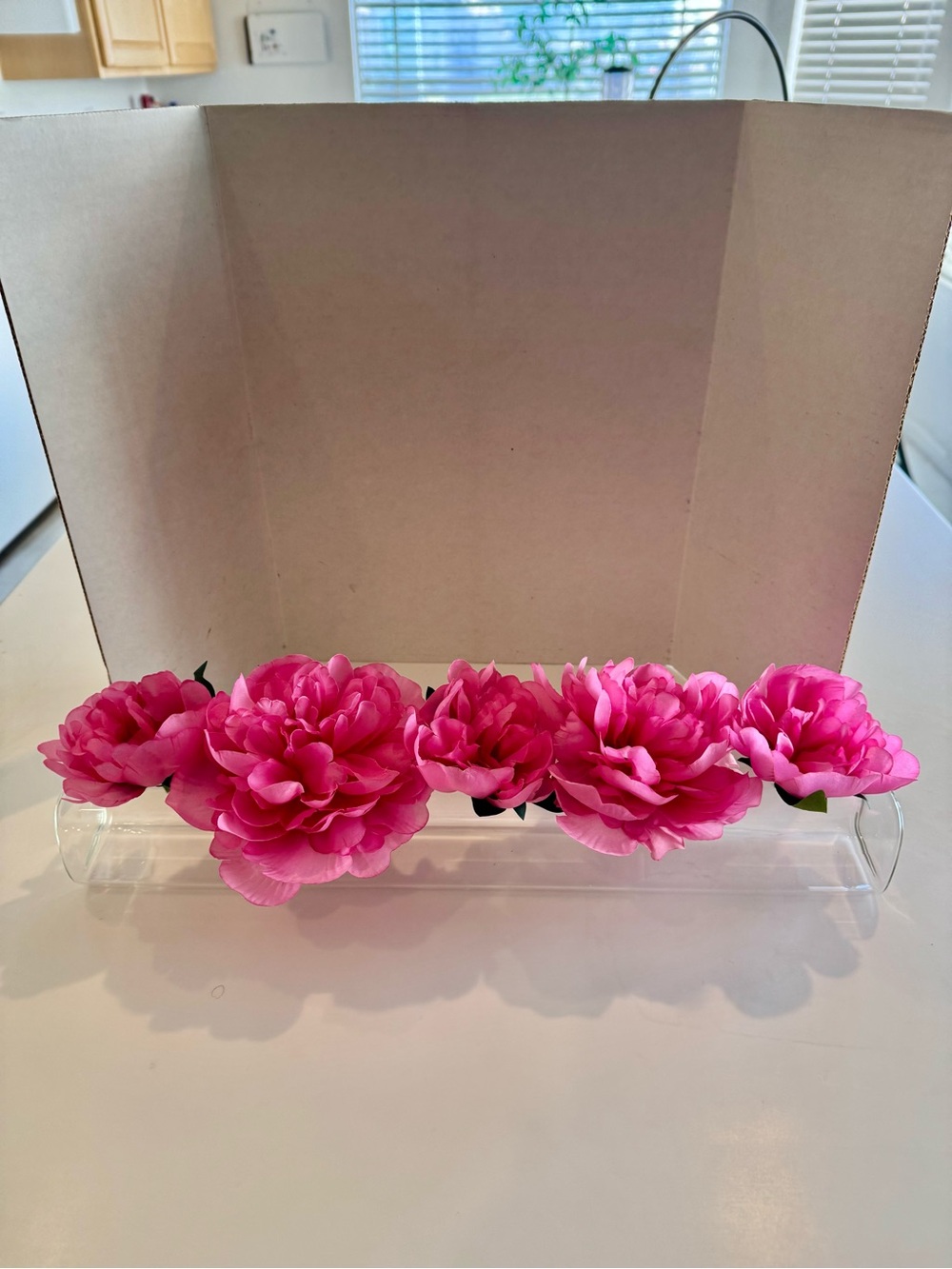Floating Pink Artificial Peony Flower Arrangement in Glass tube vase